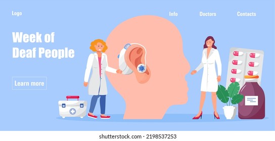 World Deaf Day in  last Sunday of September concept. Tiny doctors give hearing aid. Rally, seminar and various deaf awareness campaign design vector for app, landing page, website. 