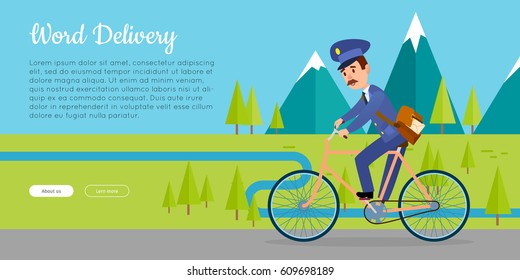 World delivery cartoon web banner. Postman in uniform with mailbag driving bicycle on mountain forest landscape flat vector illustration. Horizontal concept for mail or post company landing page