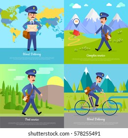 World delivery complex post service banner with postman. Mailman on bicycle rides on road near mountains. Express messenger to any part of the globe. Vector illustration of advertisement set