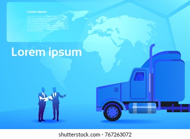 World Delivery Concept Two Business Men Looking at Documents And Map Standing At Big Cargo Truck Trailer Vehicle Cargo Shipping Vector Illustration