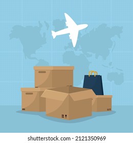 world delivery design with boxes and airplane