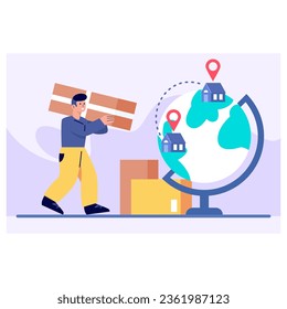 World delivery and moving concept. Young man holding big box, moving things from one house to another. Vector illustration in purple and blue colors in cartoon style