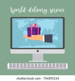World delivery service concept with violet gift box in hand, vector illustration