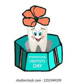 World Dental Day. International Dentist Day. A tooth with a smile on his face jumps out of a gift box with a bow on his head. Cartoon style. Vector illustration on isolated background.