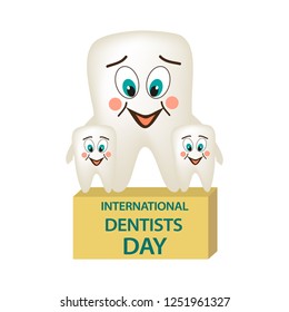 World Dental Day. International Dentist Day. A tooth with a smile embraces two small teeth. Adult tooth with their children. Cartoon style. Vector illustration on isolated background.