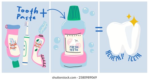 World Dentist day collection of greeting cards. Dental cleaning tools poster. Oral care and hygiene products. Electric brush, irrigator, toothpaste, dental rinse. Health teeth banner set