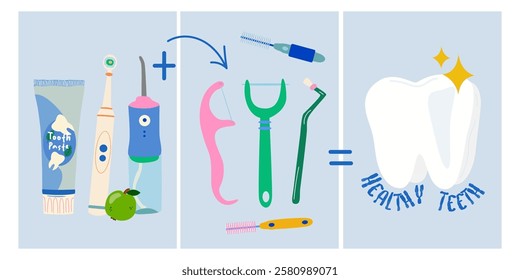 World Dentist day collection of greeting cards. Dental cleaning tools poster. Oral care and hygiene products. Electric brush, irrigator, toothpaste, dental rinse. Health teeth banner set