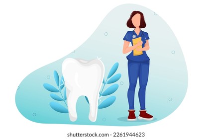 World Dentist Day. Concept illustration Cartoon Doctor in uniform next to a clean tooth. Banner template. Vector. flat style