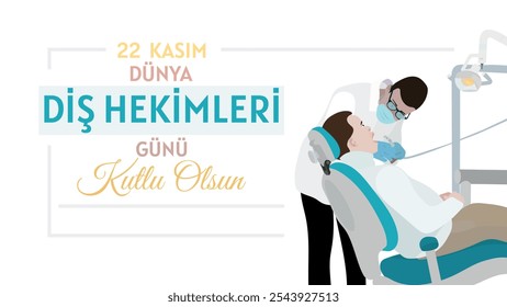 World dentist day concept vector illustration design. Translate: Happy November 22 World Dentists Day. Doctor and young man patient in dental chair in clinic. 