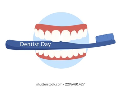 World Dentist Day, Dentist. Illustration with teeth holding toothbrush, dental illustration, dental care concept. Using a toothbrush, cartoon style illustration