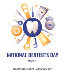 World Dentist Day with images of teeth and toothbrush, toothpaste, dental floss, tools for cleaning and treating teeth. Healthy clean teeth, orthodontics, oral care. Stomatology banner, poster.