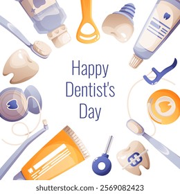 World Dentist Day with images of teeth and toothbrush, toothpaste, dental floss, tools for cleaning and treating teeth. Healthy clean teeth, orthodontics, oral care. Stomatology banner, poster.