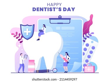 World Dentist Day with Tooth and Dentistry to Prevent Cavities and Healthcare in Flat Cartoon Background Illustration Suitable for Poster or Banner