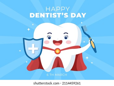 World Dentist Day with Tooth and Toothbrush to Prevent Cavities and Healthcare in Flat Cartoon Background Illustration Suitable for Poster or Banner