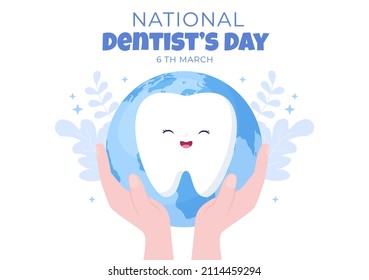 World Dentist Day with Tooth and Toothbrush to Prevent Cavities and Healthcare in Flat Cartoon Background Illustration Suitable for Poster or Banner