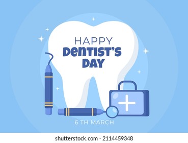 World Dentist Day with Tooth and Toothbrush to Prevent Cavities and Healthcare in Flat Cartoon Background Illustration Suitable for Poster or Banner