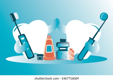 World Dentist Day. Vector illustration of funny tooth with a toothbrush. Lettering. Great holiday gift card. Stomatology