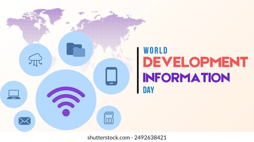 Día Mundial de la Información sobre el Desarrollo, arte de iconos con tipografía. Anuncio de campaña o celebración