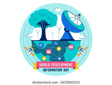 Ilustração do Dia Mundial da Informação sobre Desenvolvimento, em 24 de outubro, apresentando as telecomunicações e a sociedade para mobilizar a opinião pública sobre um fundo