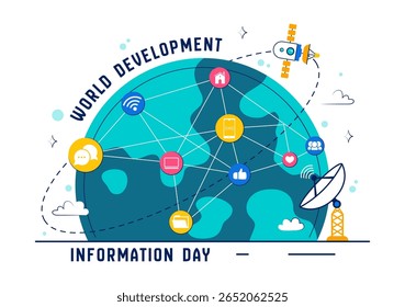 Ilustração do Dia Mundial da Informação sobre Desenvolvimento, em 24 de outubro, apresentando as telecomunicações e a sociedade para mobilizar a opinião pública sobre um fundo