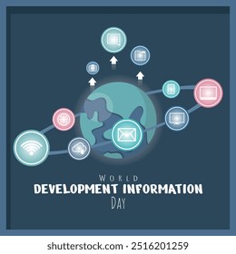 World Development Information Day Poster with information orbits around the world