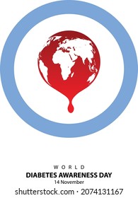 World Diabetes Awareness Day Concept. Blue Ribbon And Globe Blood Drop Vector Illustration.