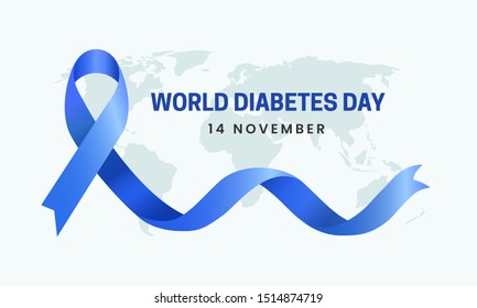 World diabetes day awareness poster banner background design with blue ribbon symbol on world map banner vector illustration