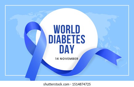 World diabetes day awareness poster banner background design with blue ribbon and circle badge on world map banner vector illustration