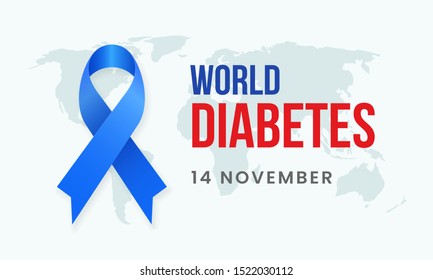 World diabetes day awareness poster background with blue ribbon symbol on world map banner vector illustration