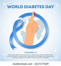 World diabetes day background with a circle blue ribbon and tested hand and sparkles