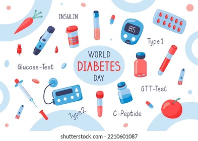 Weltdiabetetag-Hintergrund mit Glukometer und Tabletten. Handgezeichnete Vektorgrafik zur Sensibilisierung für Mellitus.