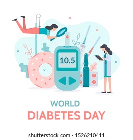 World diabetes day banner. Glucose control, sugar rejection and medication. Medicine diabetes concept. Flat vector illustration.