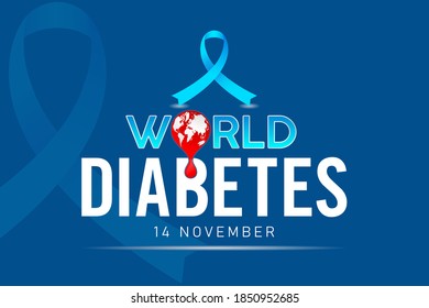 Día mundial de la diabetes fondo azul, 14 de noviembre campaña o día de celebración, afiche aplicable, volante, diseño de pancartas con efecto de texto tipográfico, cinta azul y globo de la sangre globo ilustración vectorial