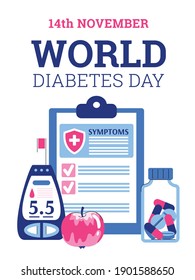 Weltdiabetetag-Konzept. Kontrolle des Blutzuckerspiegels, Kontrolle des Insulins, Bewusstsein für Diät, Lebensstil und Diabetestherapie. Vektorflache Illustration.
