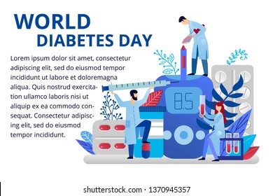 World diabetes day concept for web banners. Vector illustration with doctors, pills, blood glucose meter and insulin syringe. Healthcare, medicine concept.