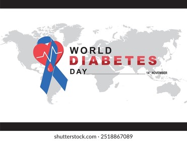 Día mundial de la diabetes. Concepto creativo del día de la diabetes con el mapa mundial y la cinta del corazón. conveniente para las noticias, las revistas, las banderas, los Anuncios del día mundial de la diabetes