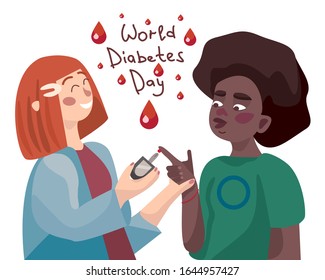 World Diabetes Day. A Girl Doctor Takes Blood In A Glucometer To Measure The Sugar Level Of An African American Girl.