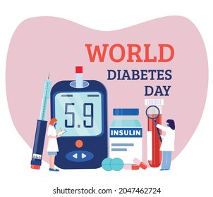 World Diabetes Day. Glucose Meter, Insulin, Syringe, Doctors. Vector Illustration