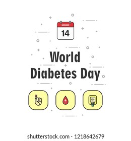 World diabetes day greeting vector design. Diabetes icon set with finger, blood and glucose test flat icon