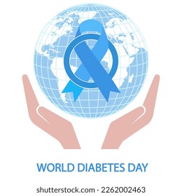 World Diabetes Day illustration.Blue ribbon on globe background