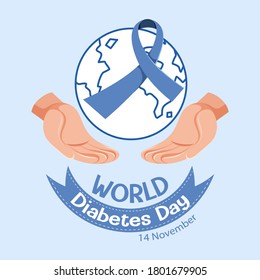 World Diabetes Day logo or banner with blue ribbon and globe illustration