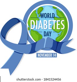 World Diabetes Day logo or banner with blue ribbon and globe illustration