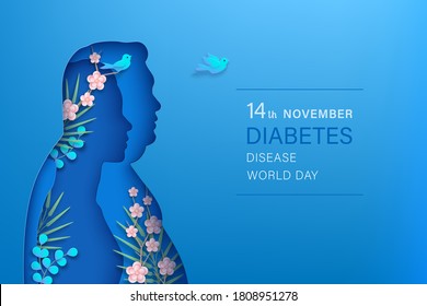 World diabetes day poster. 14th November. Woman and man silhouettes in paper cut style with shadow on a blue background. Front view slim woman, fat man, flowers, branches, birds. Vector illustration.