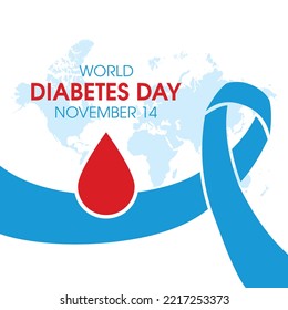 World Diabetes Day poster vector. Blue awareness ribbon and drop of blood icon vector isolated on a white background. November 14. Important day