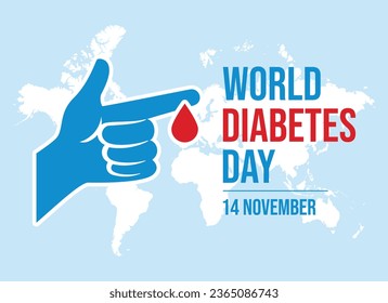 Ilustración vectorial del Día Mundial de la Diabetes. Mano humana y gota del vector del icono sanguíneo aislado en un fondo blanco. 14 de noviembre cada año. Día importante