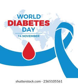 World Diabetes Day poster vector illustration. Blue awareness ribbon and drop of blood icon vector isolated on a white background. November 14 every year. Important day