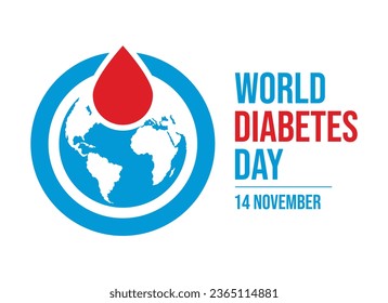 World Diabetes Day poster vector illustration. Blue circle, world map and red drop of blood icon vector isolated on a white background. November 14 every year. Important day
