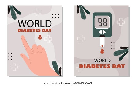 Afiches del Día Mundial de la Diabetes. Día Internacional de la Conciencia. Prueba de glucosa e insulina. Atención médica y medicina, tratamiento. Colección vectorial plana de dibujos animados aislada en fondo blanco