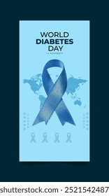 Día Mundial de la Diabetes enrollar el diseño del Anuncio, mapa, cinta azul, 14 de noviembre, mes de concienciación