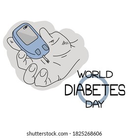 Día Mundial de la Diabetes, Representación esquemática de una mano humana con un medidor de glucosa en sangre, símbolo de diabetes círculo azul y una inscripción temática, ilustración de contorno vectorial para el diseño 